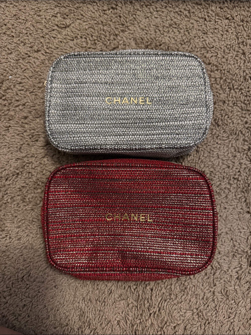 Set of two Chanel Metallic Silver and Red Cosmetic Pouches - Set of 2